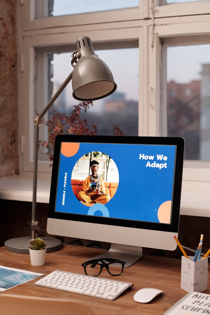 Contemporary office desk setup with a desktop computer and stylish accessories.